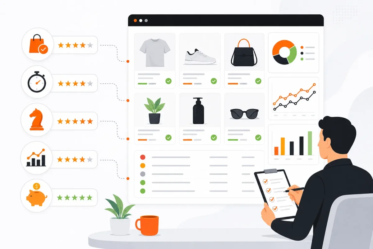 Create a clean editorial illustration of a Shopify catalog being evaluated on five visual criteria: product co, saas seo services