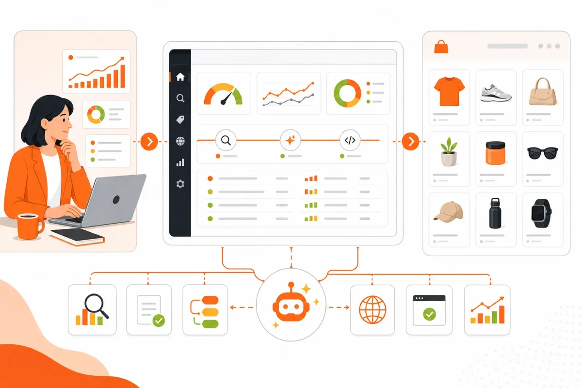 Create a polished comparison illustration showing an agency strategist, a Shopify automation dashboard, and a, saas seo services