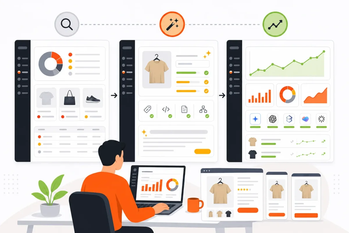 Create a three-stage illustration of a Shopify SEO pilot moving through baseline, implementation, and measurem, saas seo services