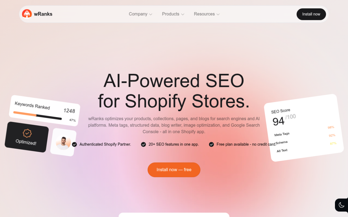 Google Search Console and wRanks dashboard showing SEO performance metrics for a Shopify product page