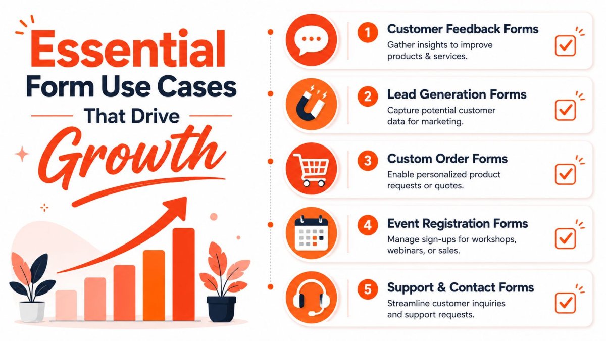 An infographic listing five essential form use cases for business growth including feedback, lead generation, and support.