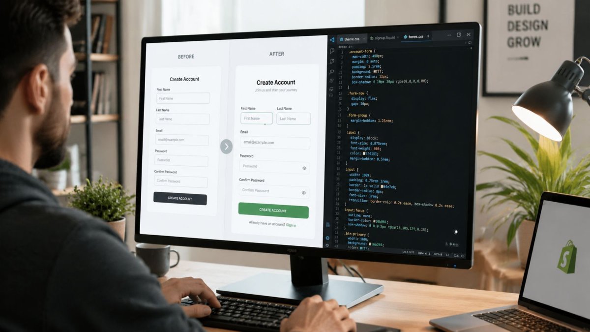 A web developer working on a desktop computer, designing and coding a Shopify form interface.