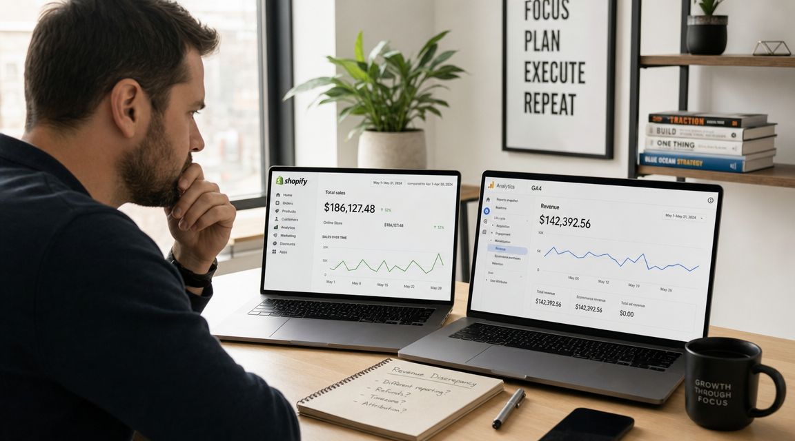 A man observing a discrepancy in revenue data between Shopify and Google Analytics 4 dashboards on laptops.