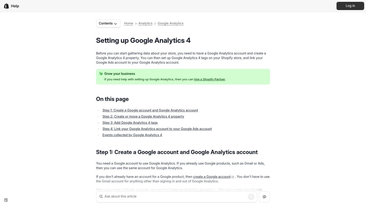 Screenshot from https://help.shopify.com/en/manual/reports-and-analytics/google-analytics/google-analytics-setup
