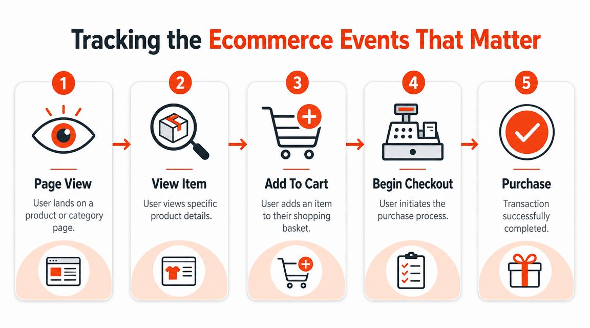 A flowchart showing five key ecommerce steps for tracking GA4 events including page views and purchases.