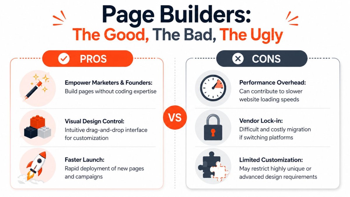 A comparison chart showing the pros and cons of using website page builders for marketing.