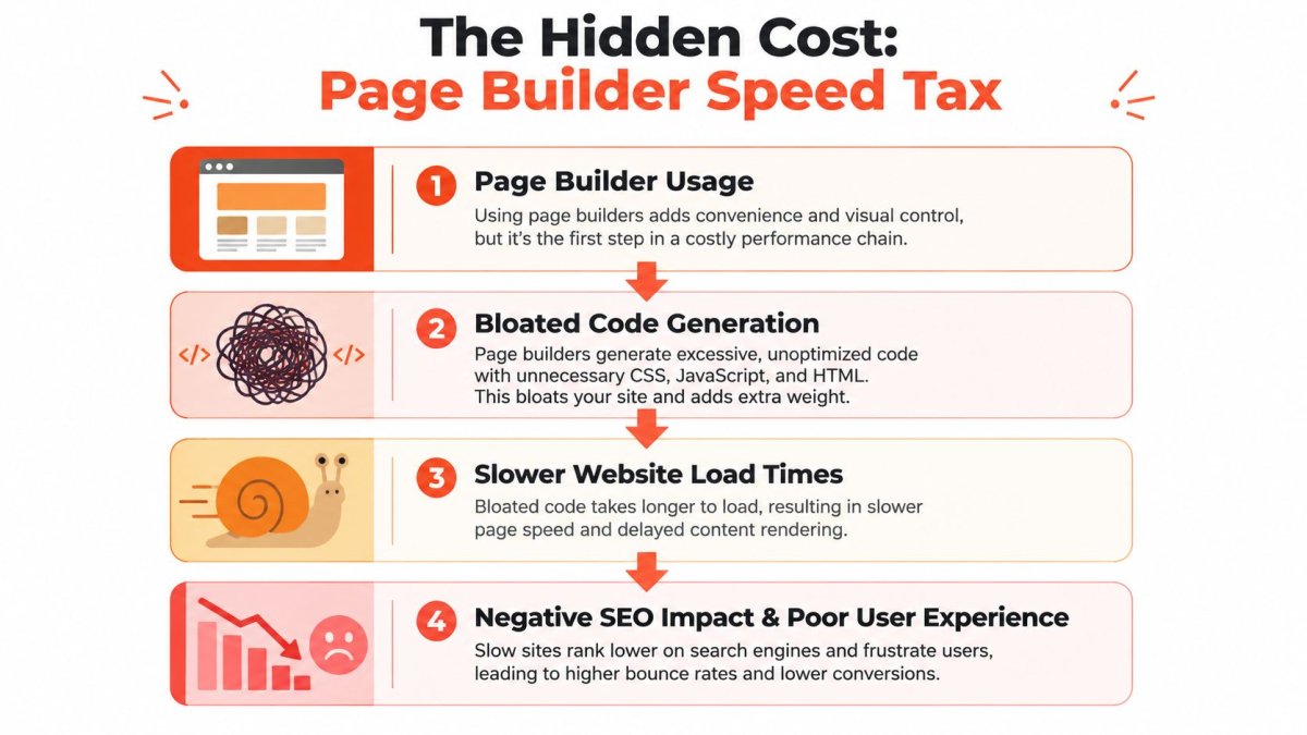 A flow chart illustrating how using website page builders leads to performance issues and poor SEO rankings.