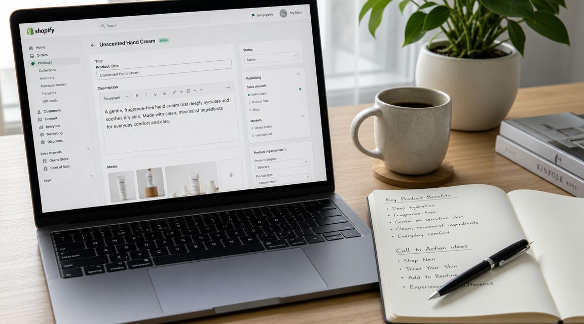A laptop displaying a Shopify product page for hand cream on a desk with a notebook and coffee.