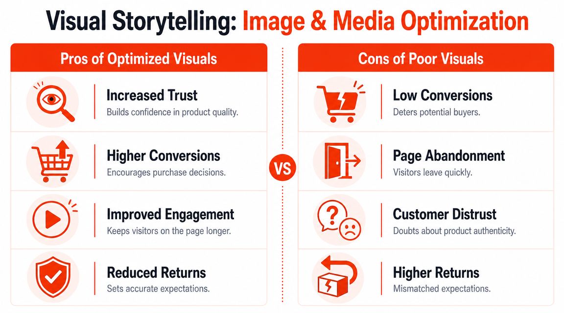 A comparison chart showing the benefits of optimized product visuals versus the disadvantages of poor imagery.