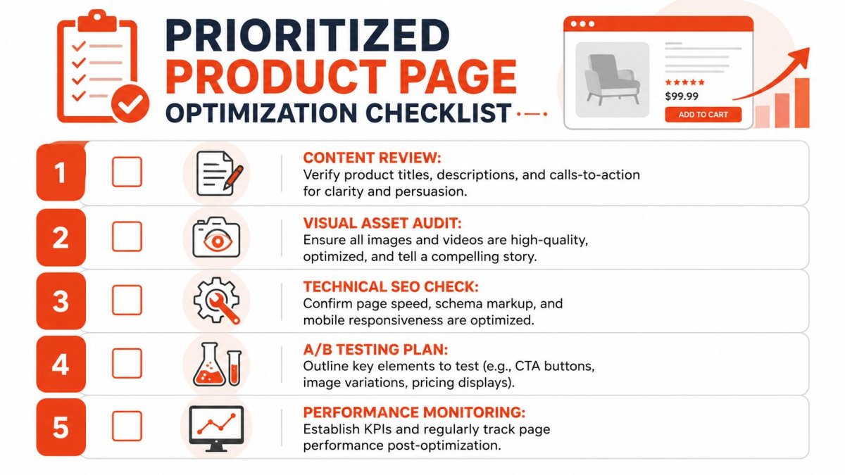 A checklist graphic titled Prioritized Product Page Optimization featuring five essential steps for improving e-commerce product pages.