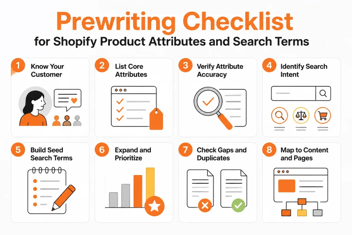 Checklist infographic for gathering Shopify product attributes and search terms before writing title