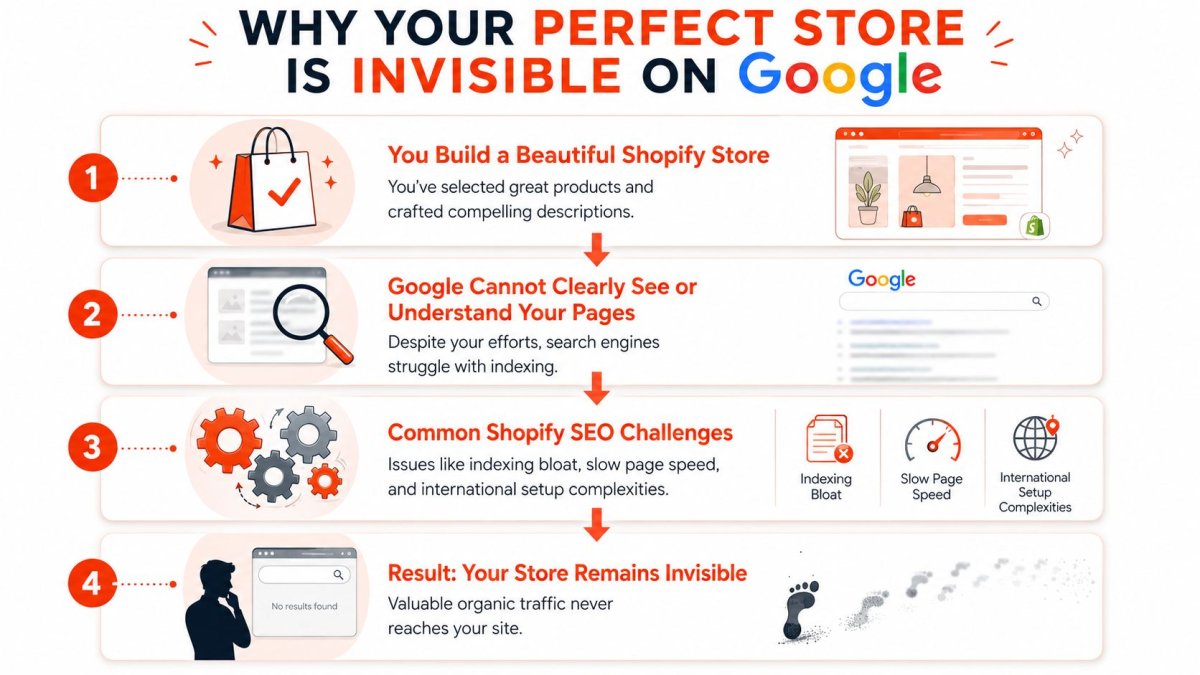 A flowchart explaining four common reasons why a Shopify store fails to appear in Google search results.