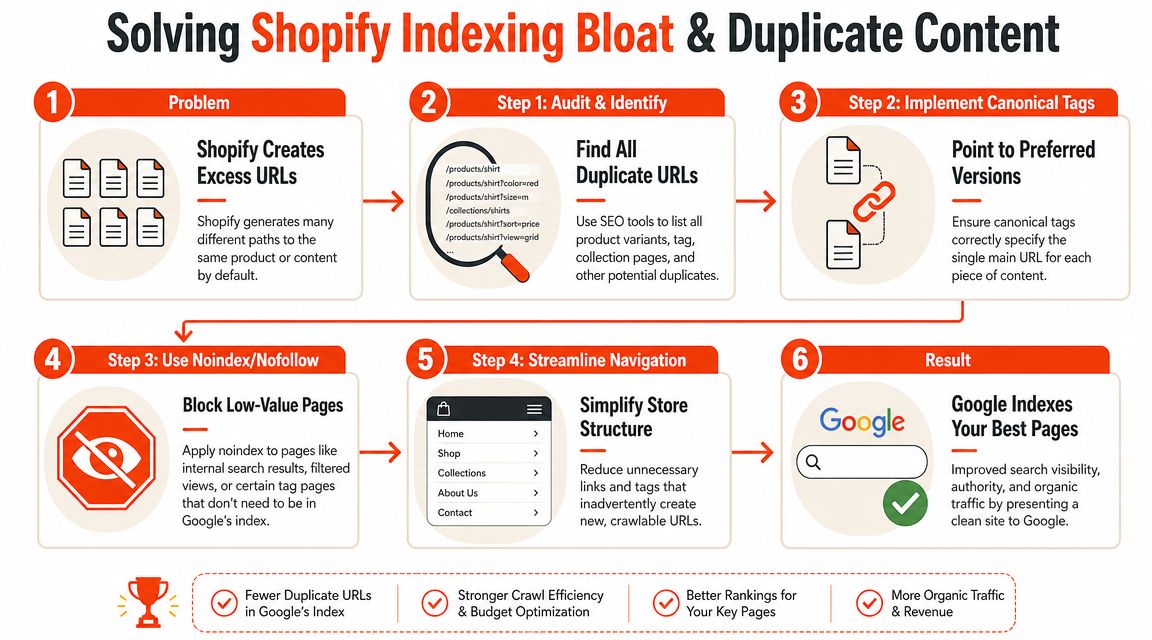 An infographic detailing a six-step process to solve Shopify indexing bloat and duplicate content issues for better SEO.