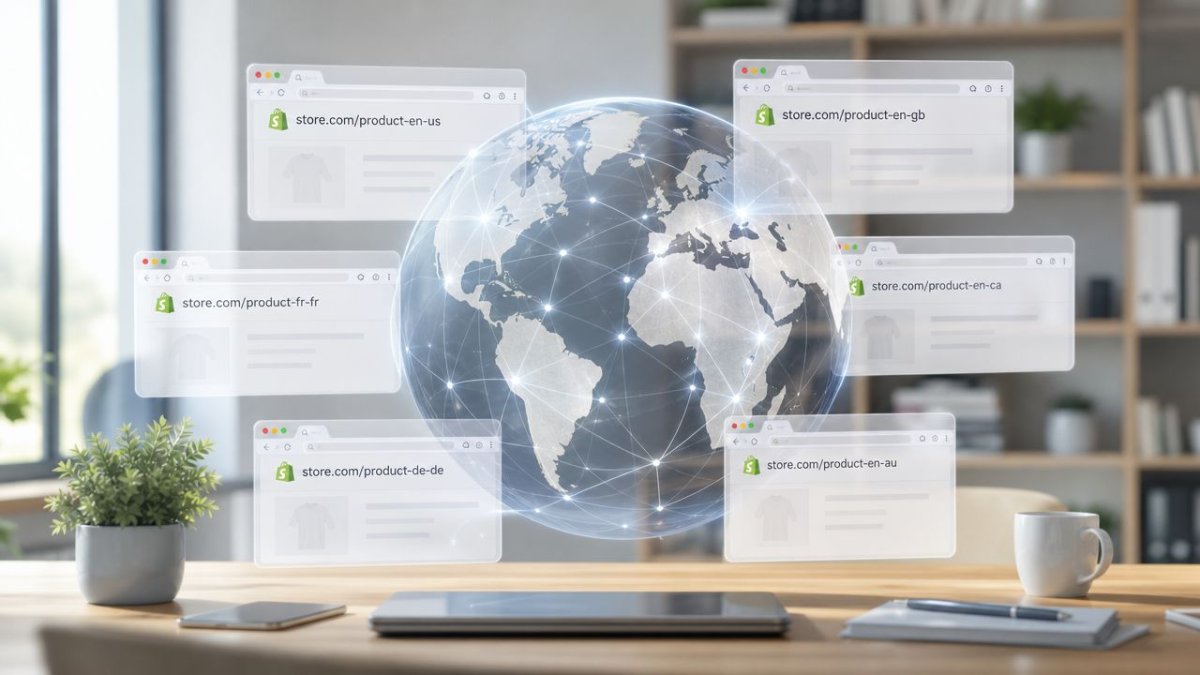 A digital representation of global e-commerce showing Shopify store product pages floating around a glowing globe.