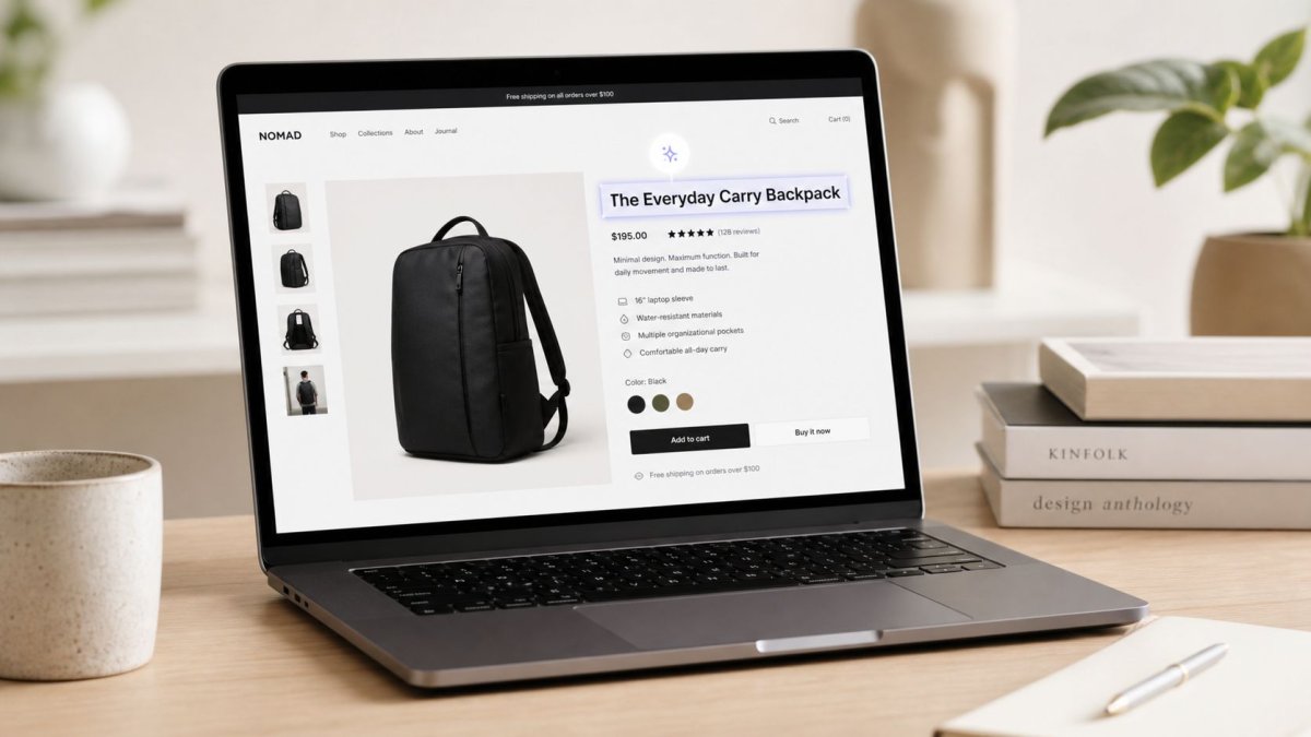 A professional laptop on a desk displaying the Nomad e-commerce website showing the Everyday Carry Backpack.