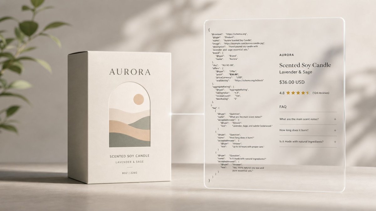 A product box for an Aurora scented soy candle with its corresponding JSON-LD structured data schema displayed.