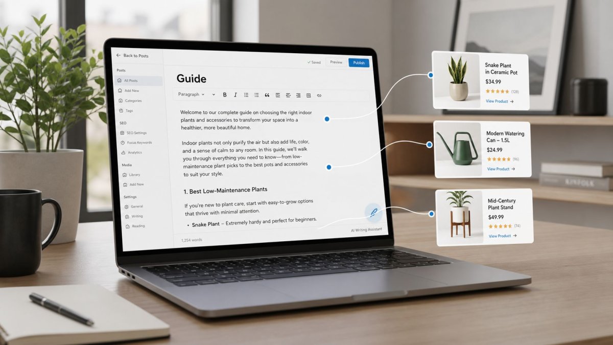 A laptop screen displaying a content management system editing a blog post about indoor plant care tips.