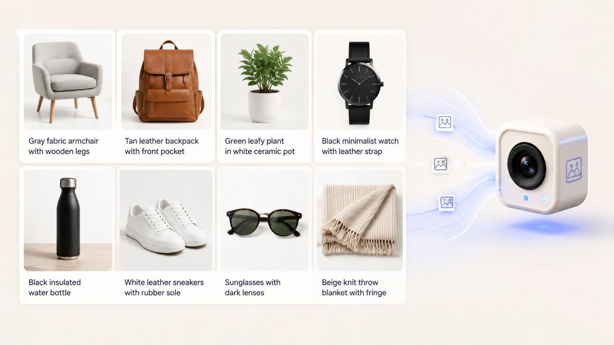 A product collage showing various items flowing into a smart visual recognition cube device for e-commerce.