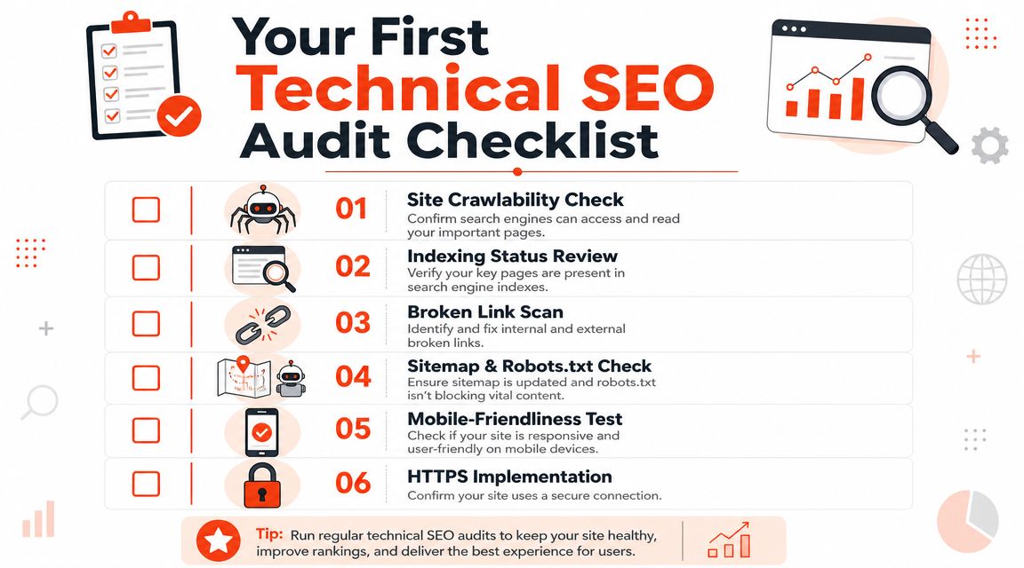 A comprehensive checklist for your first technical SEO audit, including crawlability, indexing, and mobile-friendliness tasks.