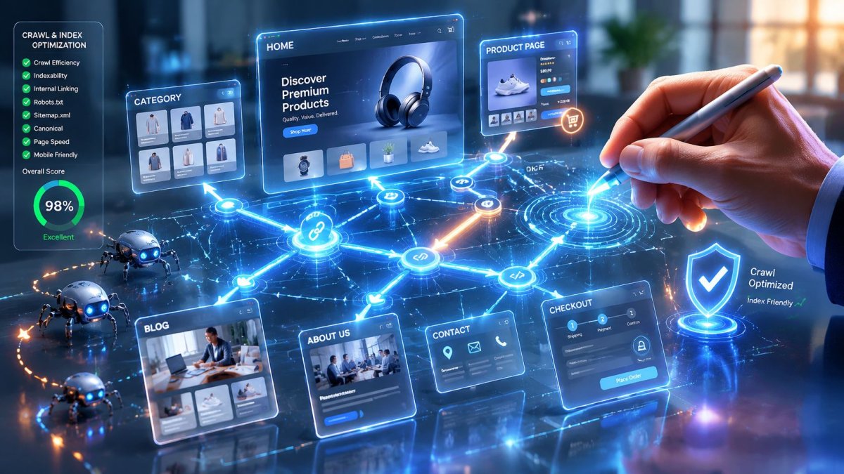 A digital illustration representing technical SEO for ecommerce with web pages and data links connected by glowing lines.