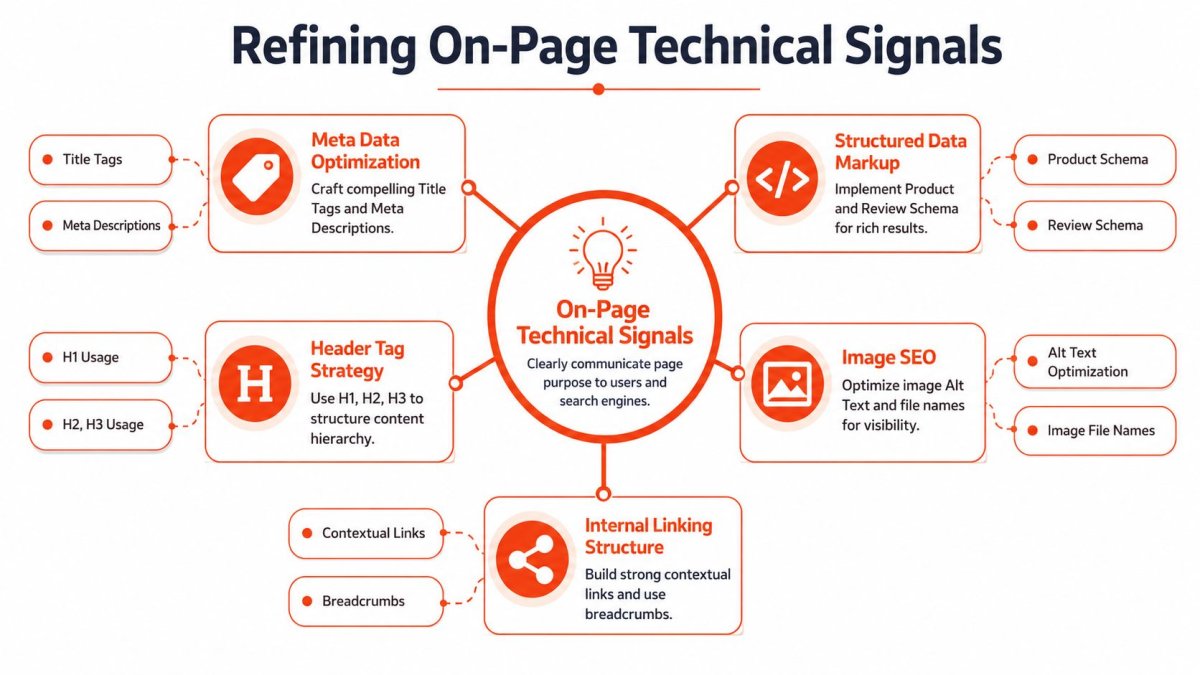 An infographic titled Refining On-Page Technical Signals, highlighting key elements like meta data, headers, and internal linking.