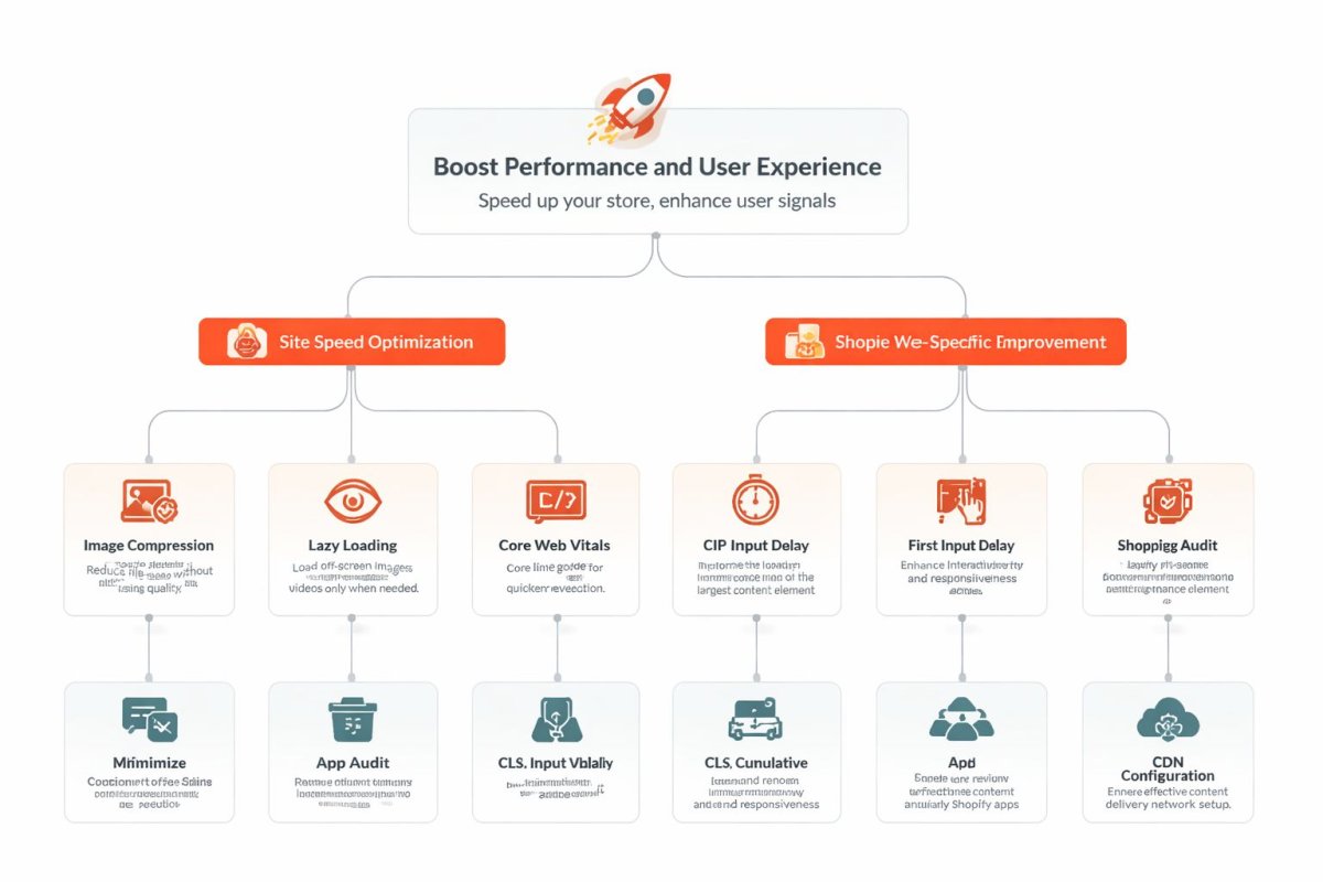 A flowchart detailing technical SEO strategies for optimizing e-commerce store performance and user experience metrics.