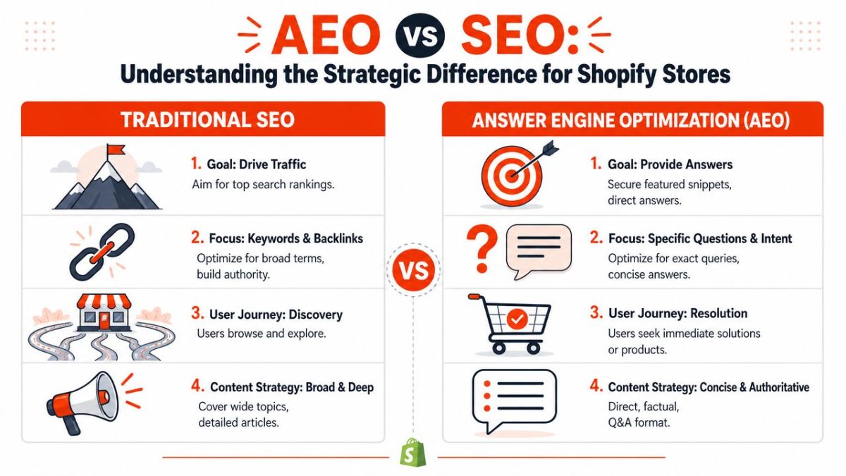 An infographic comparing traditional SEO for driving traffic with Answer Engine Optimization for providing direct answers.